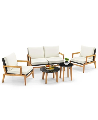 5 Piece Rattan Furniture Set Wicker Woven Sofa Set with 2 Tempered Glass Coffee Tables