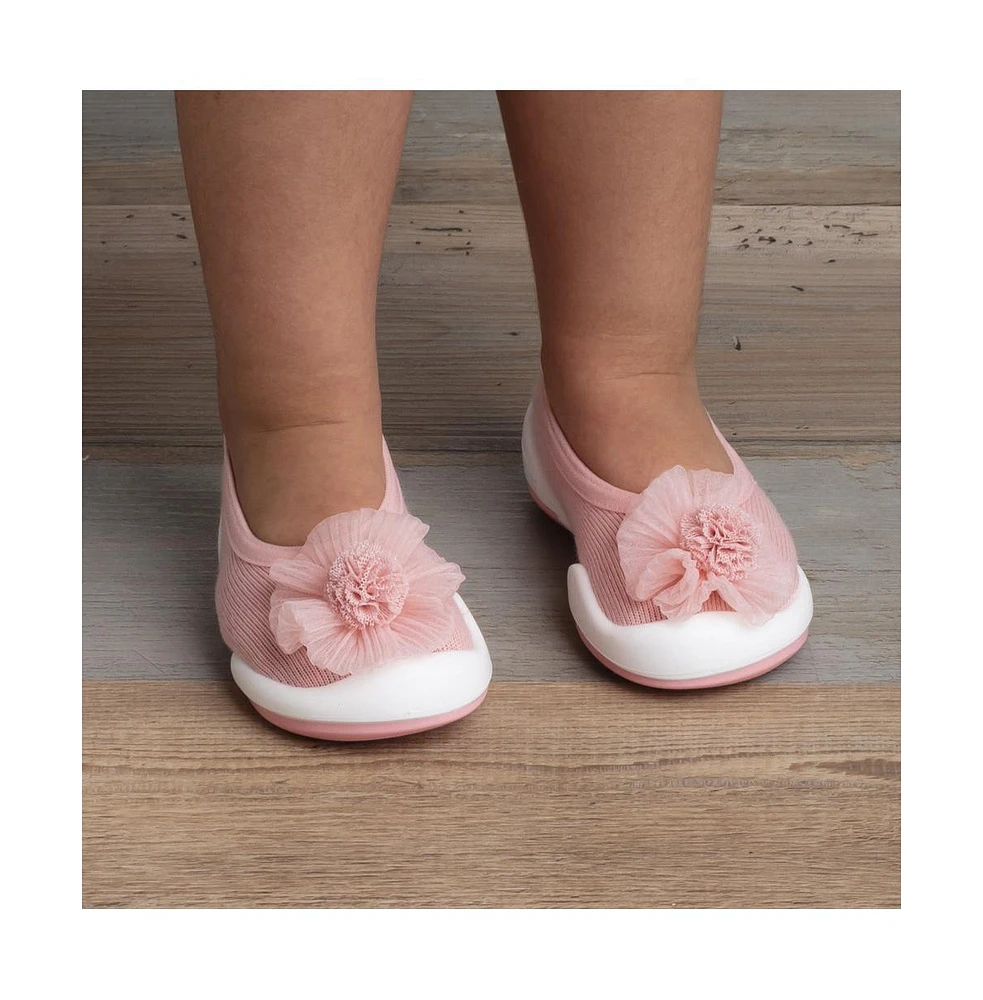 Infant Girl Breathable Washable Non-Slip Sock Shoes Flat - Pompom Flower Pink