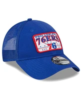 New Era Men's Royal Philadelphia 76ers Plate Oversized Patch Trucker 9Forty Adjustable Hat