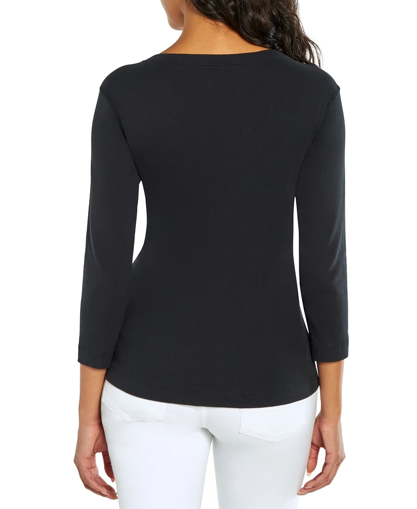 Three Dots Women's V-Neck 3/4-Sleeve T-Shirt