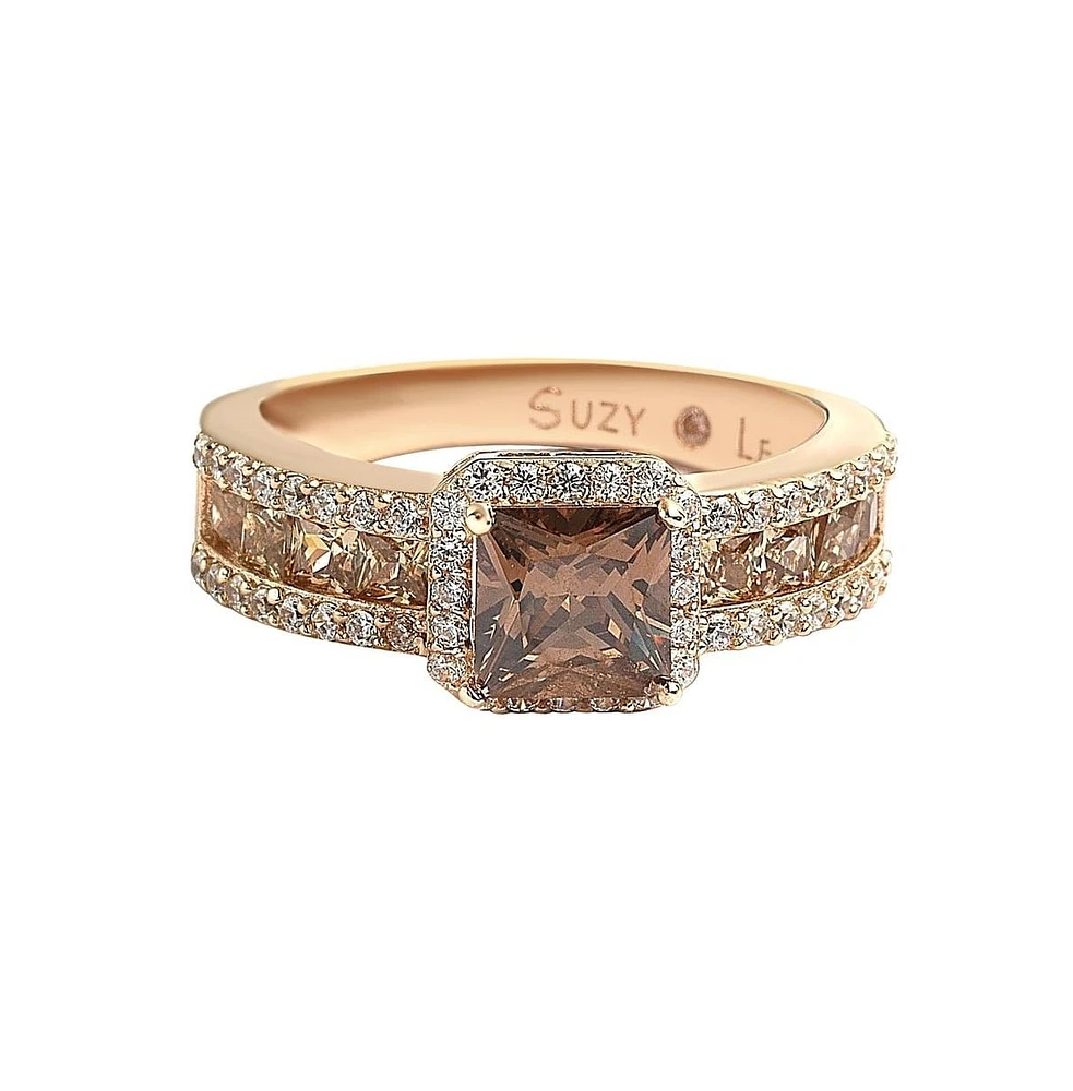 Suzy Levian Sterling Silver Cubic Zirconia Asscher Cut Brown Center Stone Ring