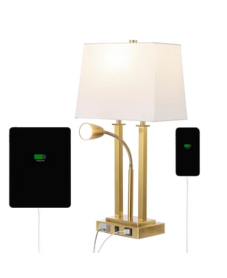 Jonathan Y Blaire 23.75" 2-Light Modern Farmhouse Metal Led Table Lamp with Usb Charging port, Adjustable Reading Light and Ac Outlet, Oil Rubbed Bron