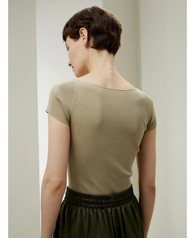 Sweetheart Neck Ribbed Silk Knit Top for Women