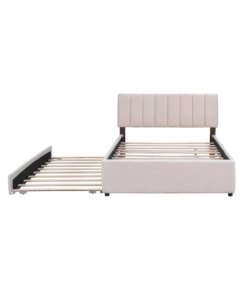 Teddy Fleece Full Size Upholstered Platform Bed With Trundle, Beige