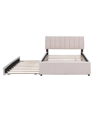 Teddy Fleece Full Size Upholstered Platform Bed With Trundle, Beige