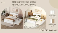 Modern Full Bed Frame with Twin Trundle, 2 Drawers - White Gloss & Washed White