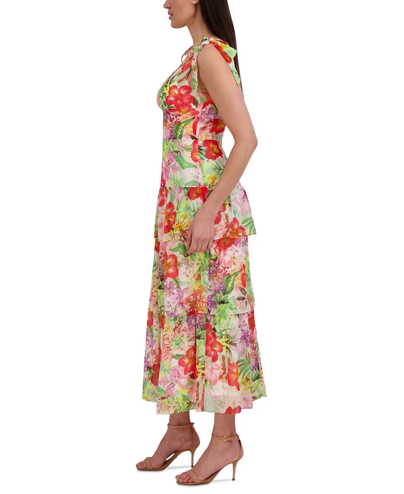 julia jordan Woman's Printed V-Neck Tie-Straps Tiered Dress