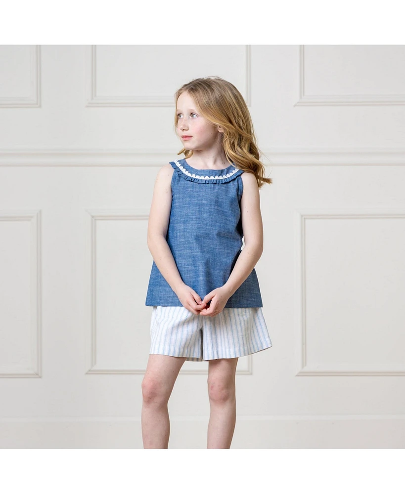 Hope & Henry Toddler Girls Sleeveless Ruffle Collar Chambray Button Back Top