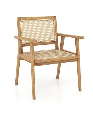 1 Pcs Outdoor Wood Chair Teak Wood Armchair with Rattan Seat & Back Patio Chair for Porch