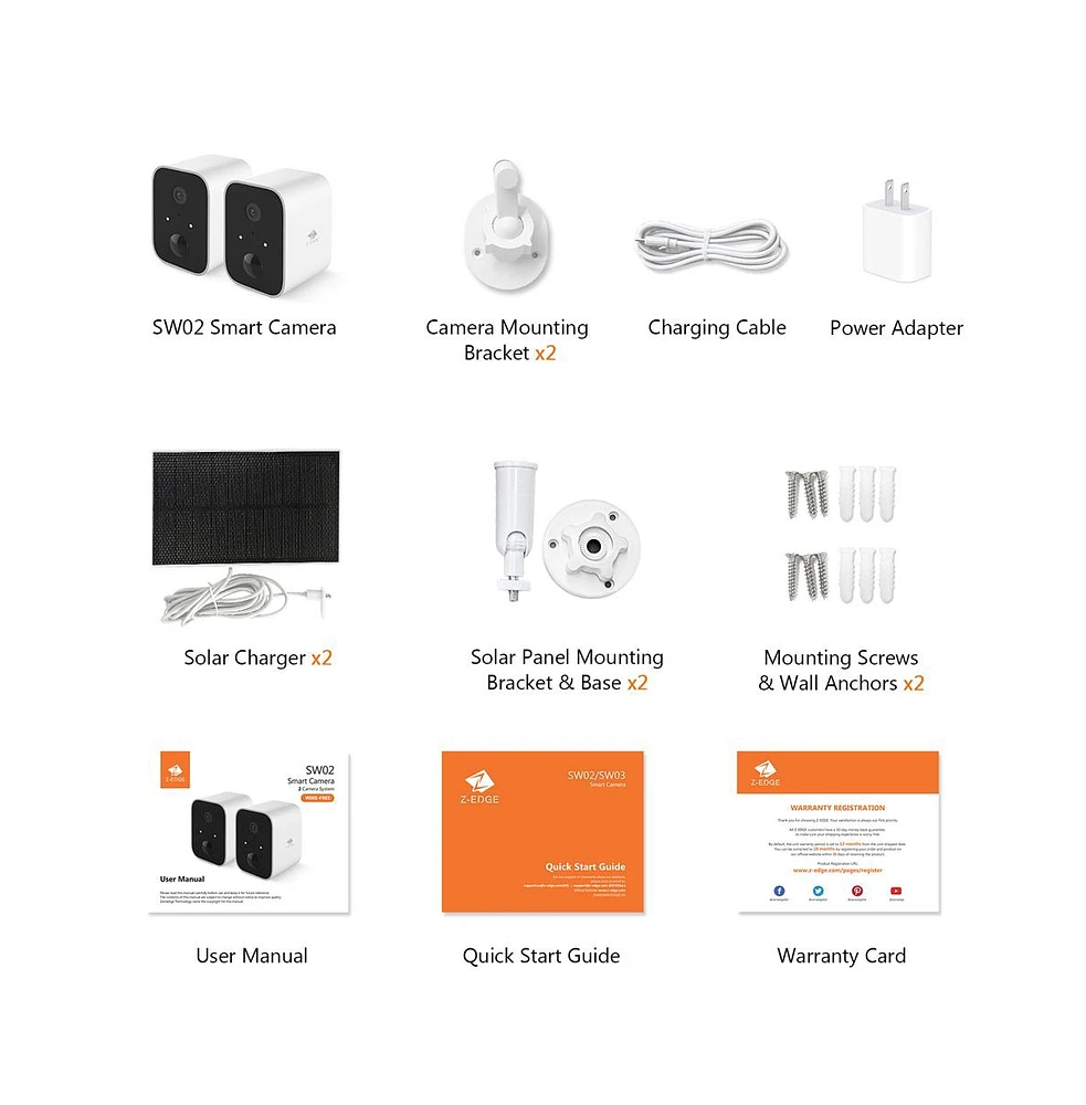 Z-edge SW02 2 Packs 1080P Full Hd Wireless Smart Cameras with Solar Panels, Supports Night Vision, Wi-Fi and Smartphone App