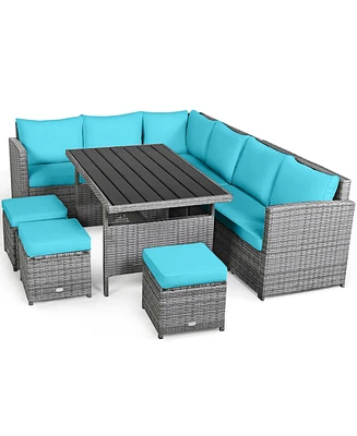 Gymax 7PCS Rattan Patio Sectional Sofa Set Conversation Set w/ Turquoise Cushions