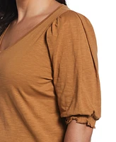 Ella Rafaella Plus Size Cotton Smocked Elbow Sleeve Top