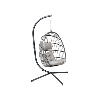 Merrick Lane Riley Foldable Woven Hanging Egg Chair With Removable Cushion And Stand For Indoor And Outdoor Use