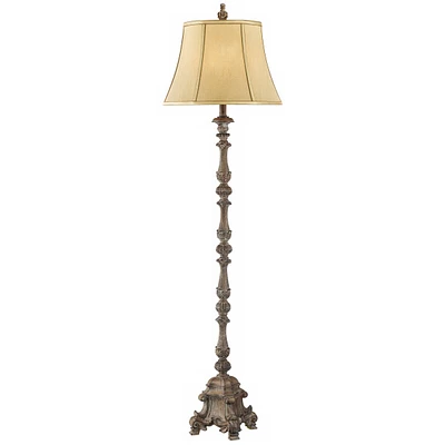 Rustic French Country Traditional Style Floor Lamp Standing 62" Tall Faux Wood Antique Candlestick Beige Silk Fabric Bell Shade Decor for Living Room