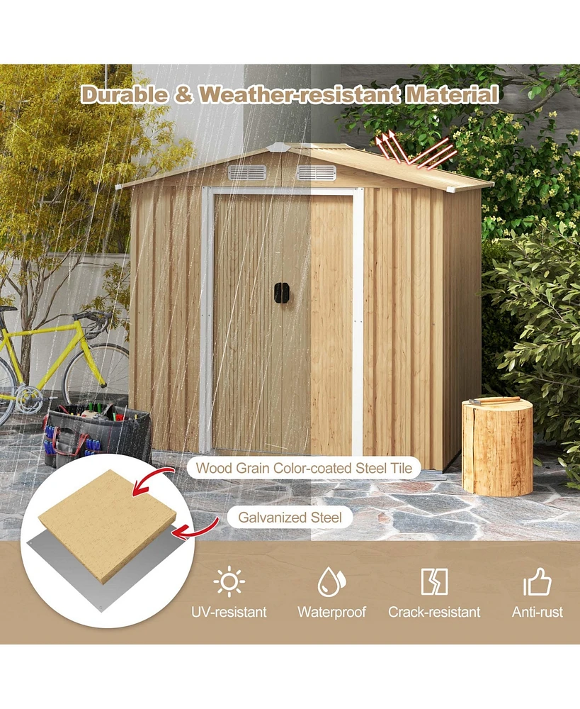 Costway 6 x 4 Ft Outdoor Storage Shed Galvanized Steel Shed with Sliding Doors Wood Grain