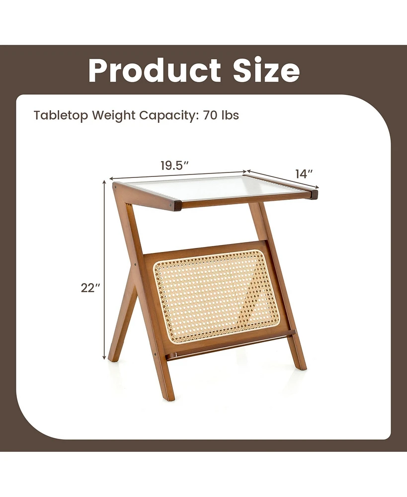 Rattan Side Table Bamboo Accent Bedside with Tempered Glass Top