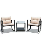 3PC Patio Rattan Conversation Set Rocking Chair Cushioned