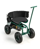 Rolling Garden Cart Outdoor Gardening Workseat with Adjustable Height &Tool Storage