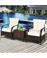 3 Pcs Patio Rattan Furniture Set Coffee Table & 2 Rattan Chair