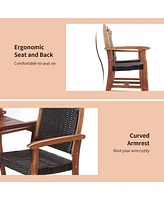 2-Seat Patio Rattan Bench Acacia Wood Frame Table W/Umbrella Hole Deck