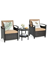 3PCS Patio Rattan Furniture Set Cushioned Sofa Storage Table W/ Shelf Garden