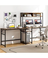 Costway L-shaped Desk with Power Outlet Large Corner Converts to 2-Person Long Rustic