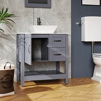 30" Gray Bathroom Vanity And Sink Combo Marble Pattern Top with Mirror Faucet&Dra