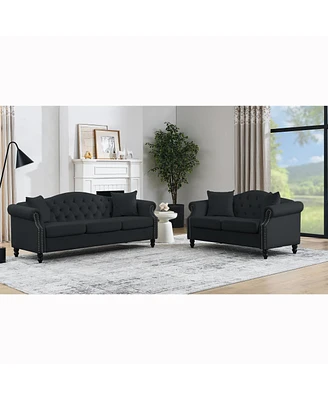 Black Velvet 3-Seater Sofa with Rolled Arms & Nailhead