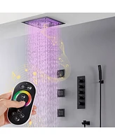 Mondawe 16" Ceiling Mounted Led Music Thermostatic Shower System Set with Handheld Spray & 3 Body Jets, Brushed Gold