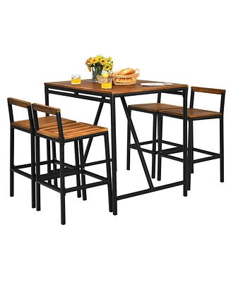 Gymax 5PCS Patio Bar Table Set Pe Rattan High-Dining Bistro Set w/ Acacia Wood Top