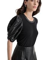 Dkny Women's Faux-Leather Puff-Sleeve Blouse