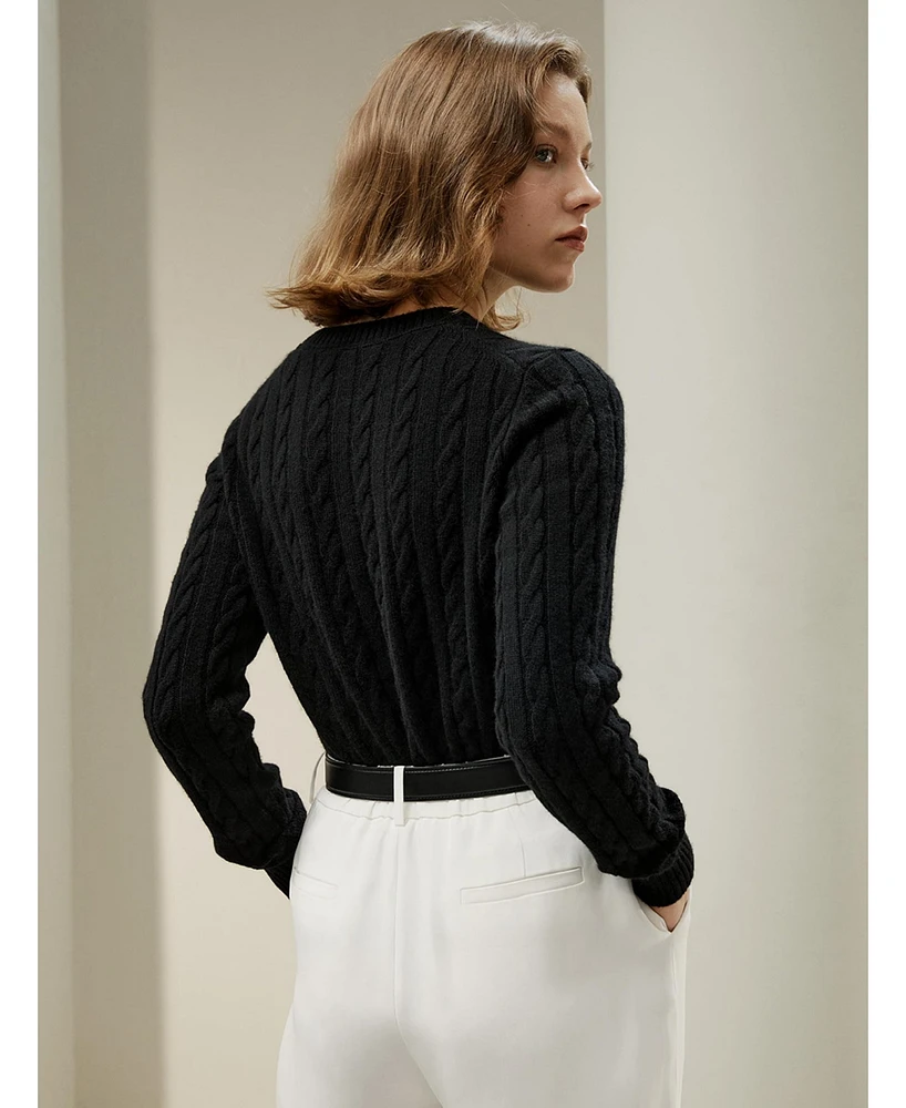 Lilysilk Women's Classic Cable Knit Sweater with Ribbed Edges