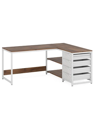 Tribesigns L Shaped Computer Desk with Storage Drawers, 59 inch Corner Shelves, Reversible L-Shaped Office Study Writing Table Workstat