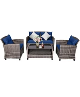 8 Pcs Patio Rattan Furniture Set Coffee Table Cushioned Sofa Garden Lawn Navy