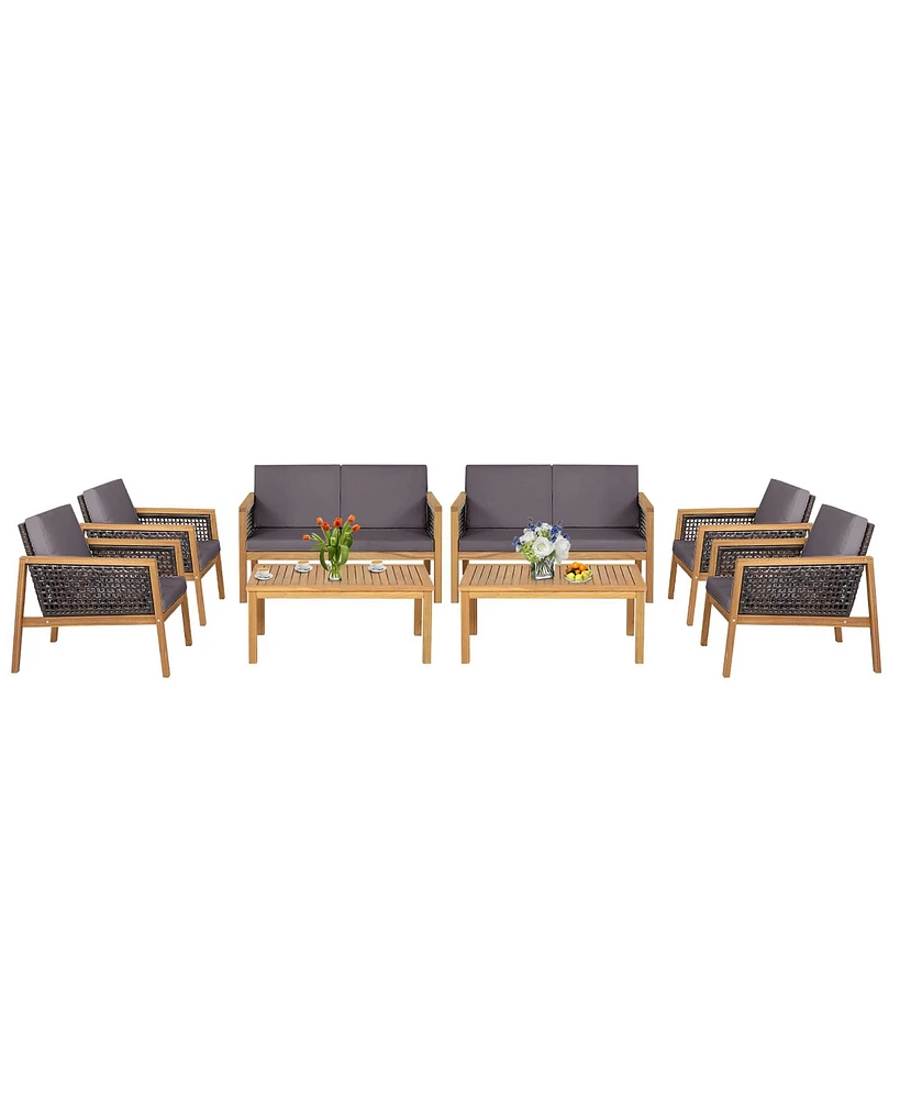 8PCS Patio Rattan Furniture Set Acacia Wood Cushioned Sofa