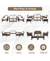 7PCS Patio Rattan Furniture Set Cushioned Loveseat Sofa Ottoman Table