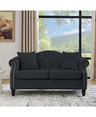 57" Black Velvet Chesterfield Sofa with Rolled Arms & Nailhead, 2 Seater