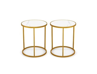 Set of 2 Round Side Tables with Marble Top and Gold Metal Frame for Living Room