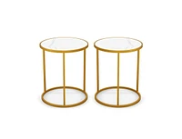 Set of 2 Round Side Tables with Marble Top and Gold Metal Frame for Living Room