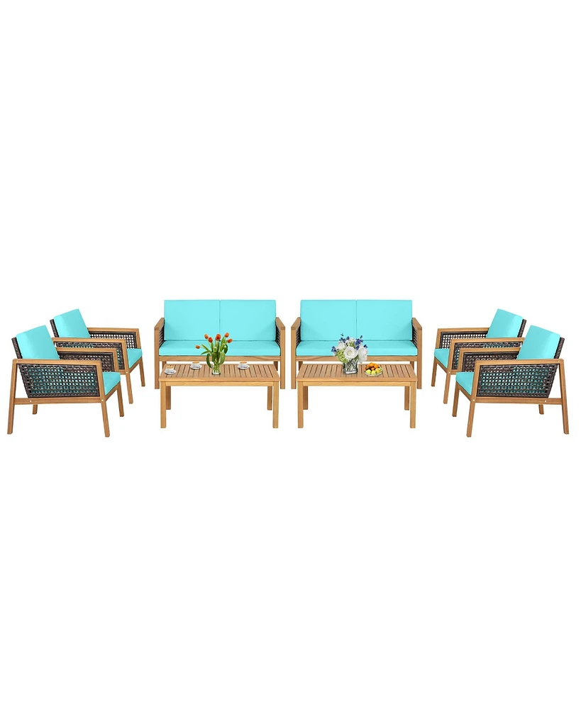 8PCS Patio Rattan Furniture Set Acacia Wood Cushioned Sofa