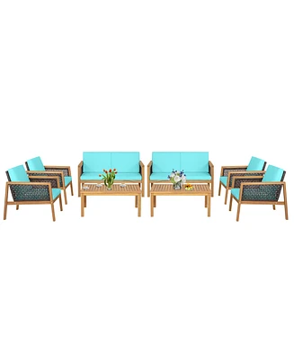 8PCS Patio Rattan Furniture Set Acacia Wood Cushioned Sofa