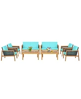 8PCS Patio Rattan Furniture Set Acacia Wood Cushioned Sofa