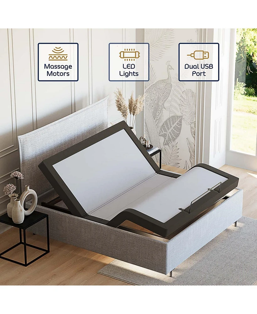 Clara Clark Adjustable Head & Foot Zero Gravity Massage Bed Base - with Wireless Remote, Usb Ports, Led Light