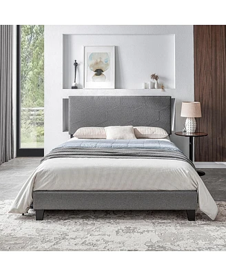 Queen Size Upholstered Platform Bed Frame, Wood Slat Support, Easy Assembly, Grey