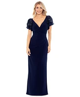 Betsy & Adam Women's Sequin-Sleeve Surplice-Neck Gown