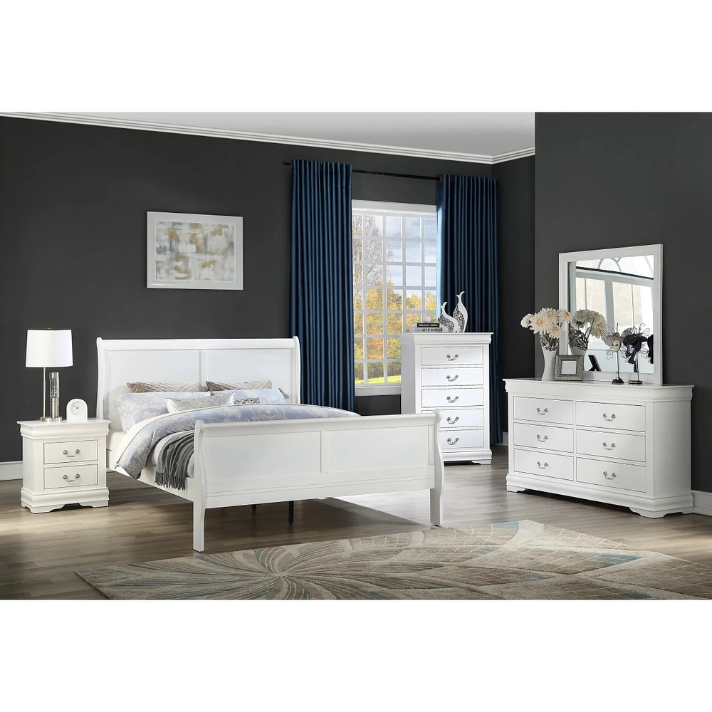 Louis Philippe White Full Size Panel Sleigh Bed Solid Wood Wooden Bedroom Furniture