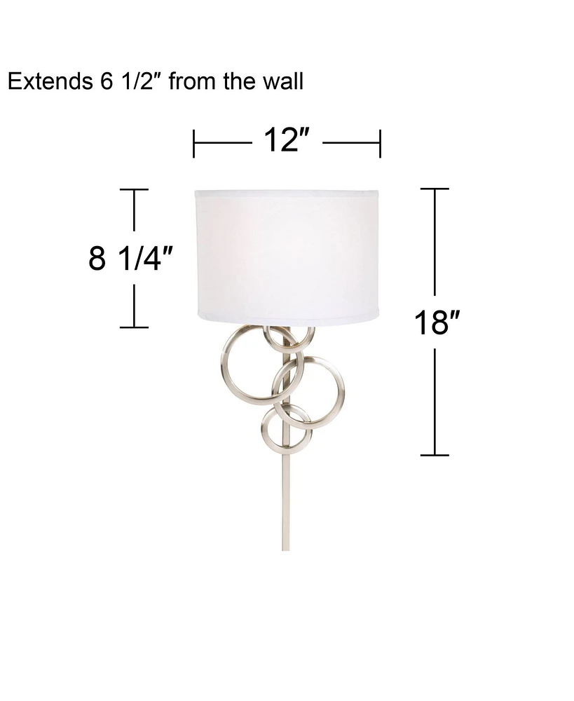 Circles Modern Indoor Wall Mount Lamp Brushed Nickel Silver Plug-In Light Fixture Off White Cotton Half Shade for Bedroom Bedside House Reading Living