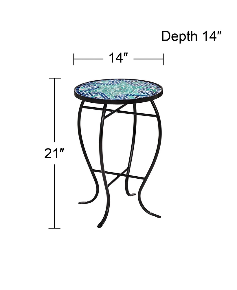 Ocean Wave Black Metal Round Outdoor Accent Side Tables 14" Wide Set of 2 Blue Mosaic Tile Tabletop Gracefully Curved Legs for Spaces Porch Patio