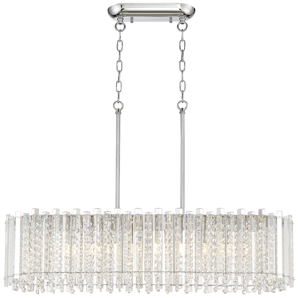 Possini Euro Design Mirabell Chrome Silver Large Linear Island Pendant Chandelier 34" Wide Modern Led Clear Glass Crystal Prism 6-Light Fixture for Ki