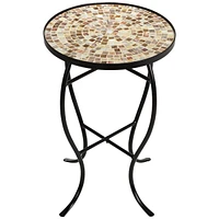 Mother of Pearl Modern Black Metal Round Outdoor Accent Side Table 14" Wide Natural Mosaic Tile Tabletop Gracefully Curved Legs for Spaces Porch